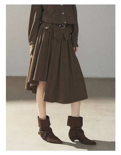 AOMALM - Terracotta Brown Shirt & Pleated Mini Skirt Set (With Belt)