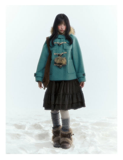 Horridale - Preppy Hooded Wool-Blend Duffle Coat with Pom-Pom Details – Blue Green