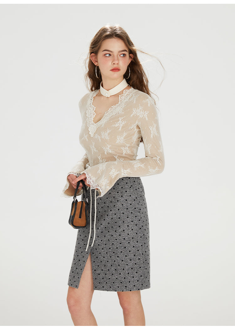 French Lace V-neck Knitted Top