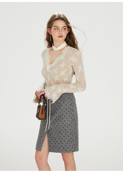 French Lace V-neck Knitted Top