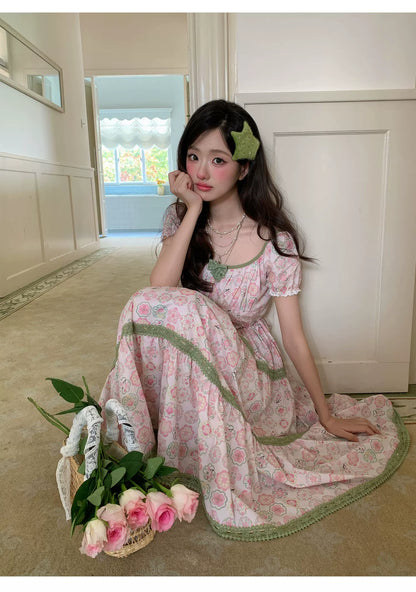 “Wildflower Green Grape” Pink Floral Tiered Dress