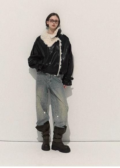 OAKMOO/ Cropped Faux Leather Shearling-Collar Jacket (Rich Black / Hazelnut Khaki)
