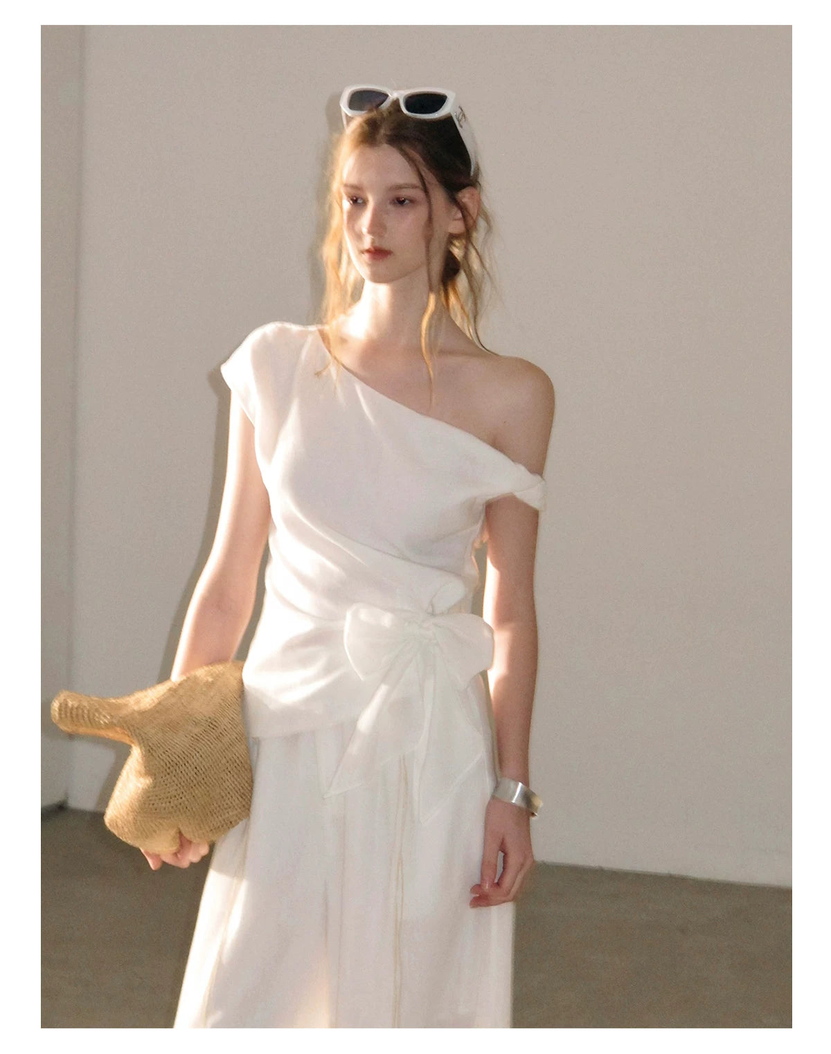 "Her Moonlight" Camellia White Off-Shoulder Top & Wide-Leg Pants Set