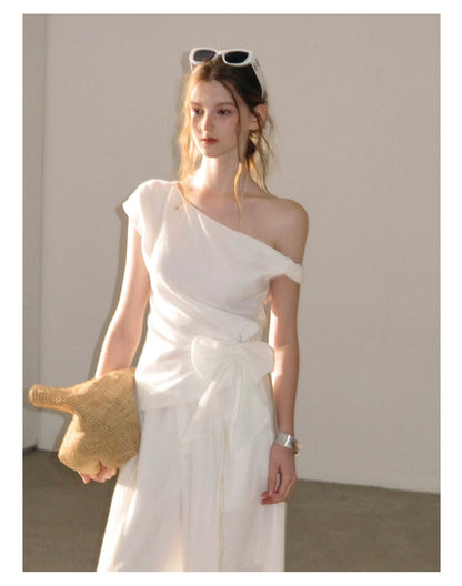 "Her Moonlight" Camellia White Off-Shoulder Top & Wide-Leg Pants Set