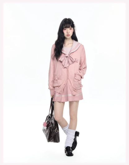 “Melody Blush” Pink Knit Cardigan & Sailor Uniform Set