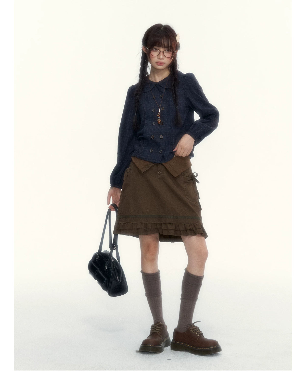 “Wild Caramel” Brown Washed Layered Ruffle Bow Pocket A-Line Skirt
