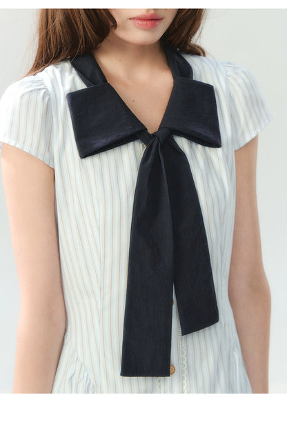 "Academy Breeze Letter" White Stripe Contrast Collar Dress