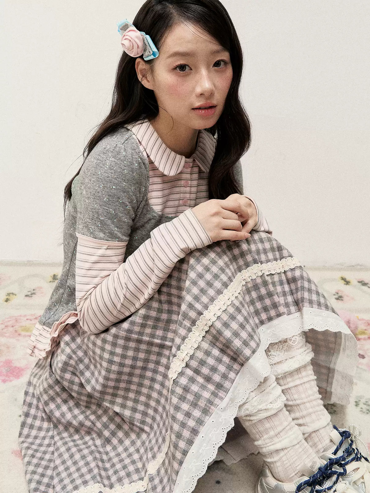 [RF] Floral Gray Pink Faux Two-Piece Striped Layered Blouse with Peter Pan Collar
