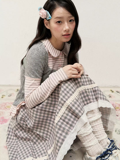 [RF] Floral Gray Pink Faux Two-Piece Striped Layered Blouse with Peter Pan Collar