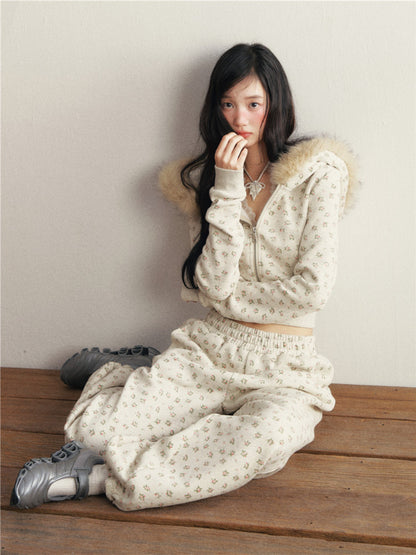 1P - Floral Faux Fur Hooded Fleece Two-Piece Set – Hoodie & Jogger Pants