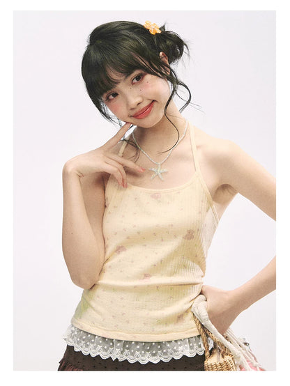 "Bear Cottage Holiday" Butter Yellow Lace Trim Bear Print Halter Knit Cami Top