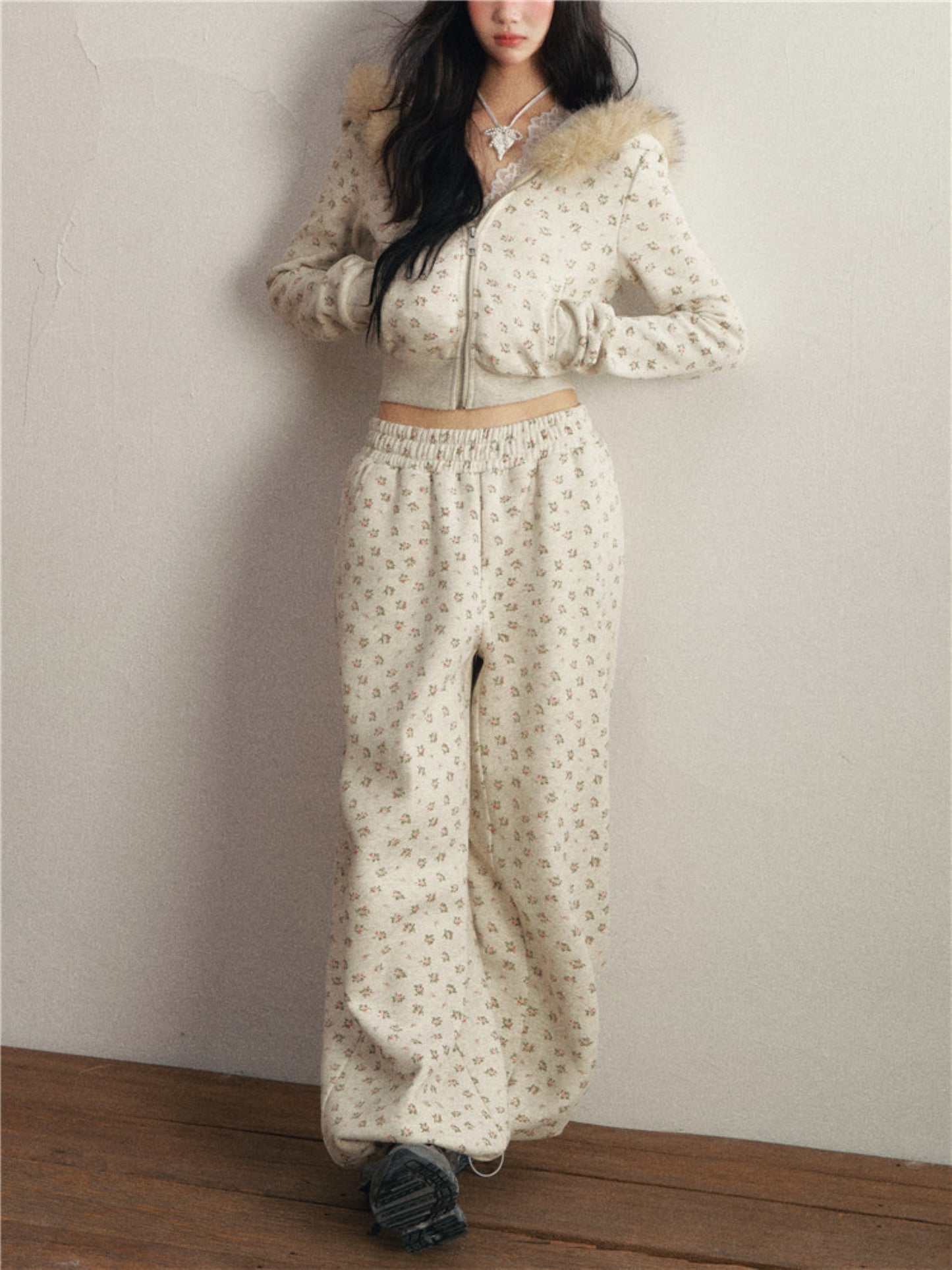 1P - Floral Faux Fur Hooded Fleece Two-Piece Set – Hoodie & Jogger Pants