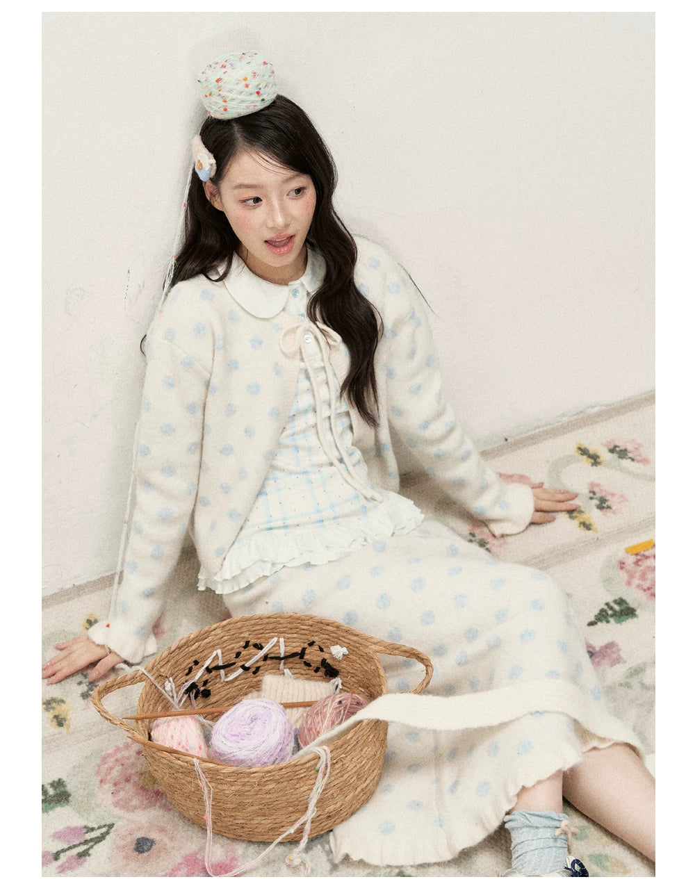 [RF] Ice Blue Polka Dot Knit Cardigan & Midi Skirt Set