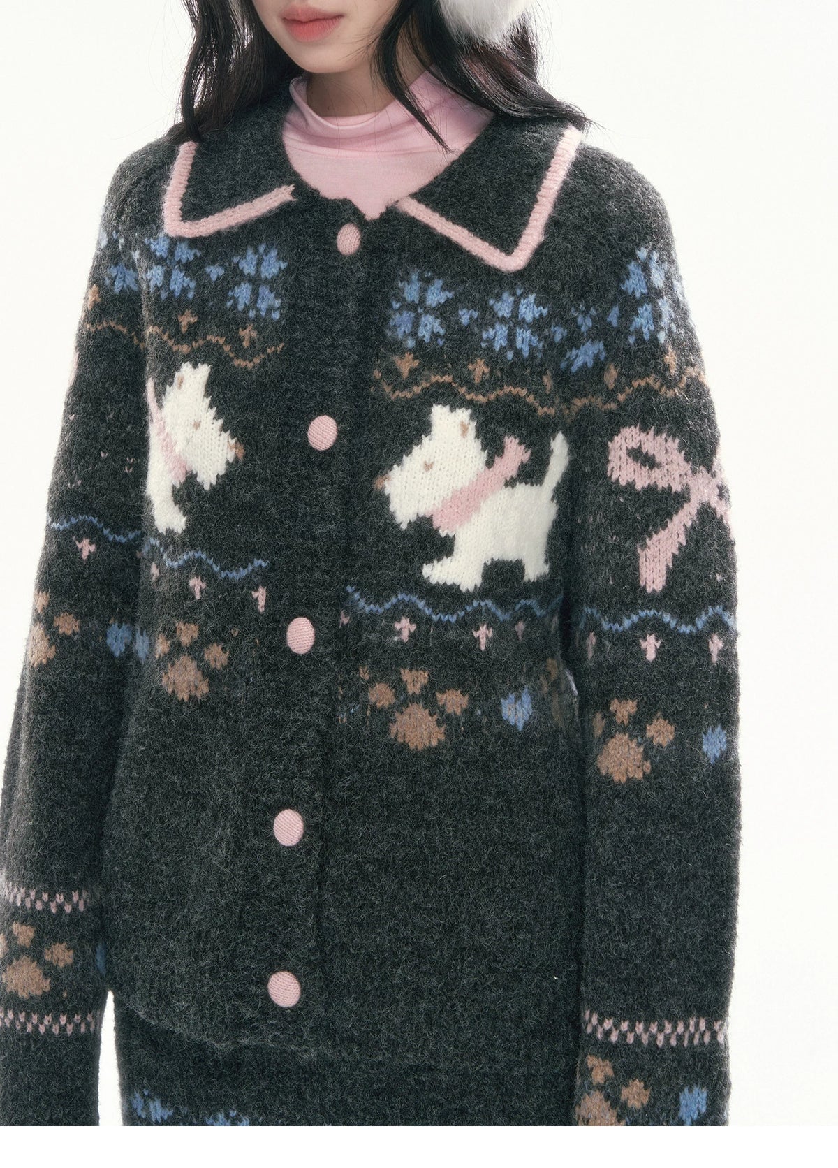 [CAN] Puppy Fair Isle Knit Sweater & Skirt Set (Gray / Pink)