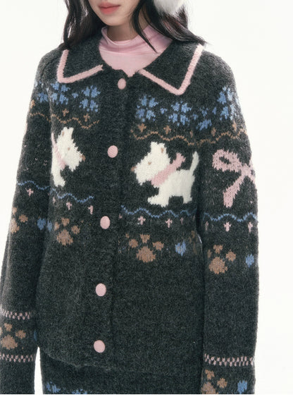 [CAN] Puppy Fair Isle Knit Sweater & Skirt Set (Gray / Pink)