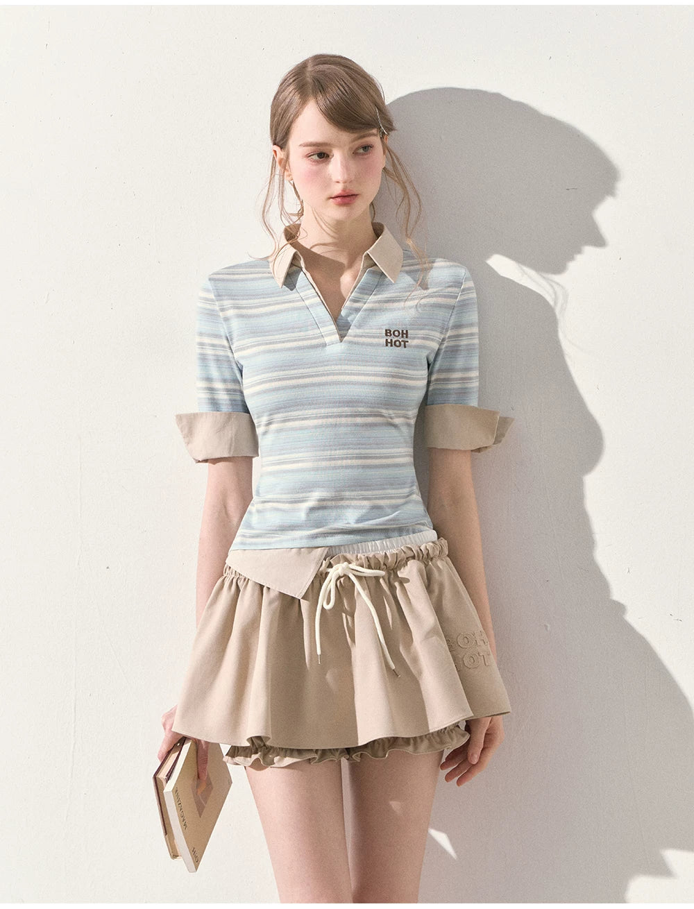 "The Space Between" Beige Drawstring Bubble Mini Skirt