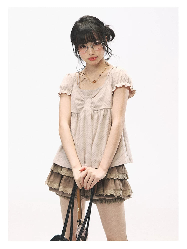 "Sweetheart Crew" Polka Dot Faux Two-Piece Bow Knit Short Sleeve Top
