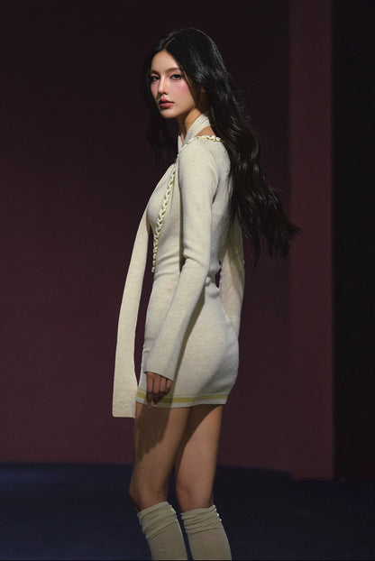 "Soft Sonata" Light Apricot Layered Sheer Knit Dress