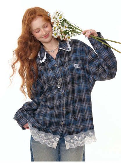ZiziFei - Vintage-Inspired Plaid Shirt with Ruffle Lace Trim