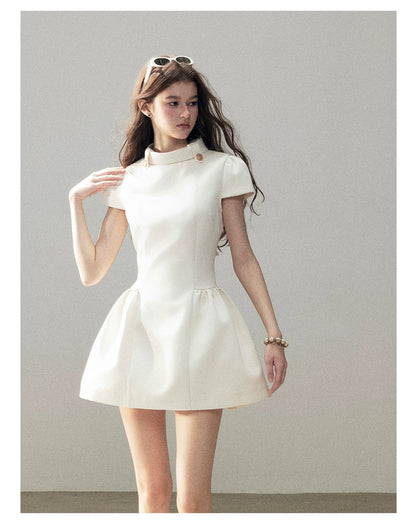 "Light Above the Clouds" Cream Ivory Satin Fit & Flare Mini Dress