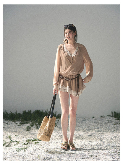 少也眼 “Hidden in the Evening Breeze” Cheese Yellow Faux Two-Piece Chiffon Dress 146