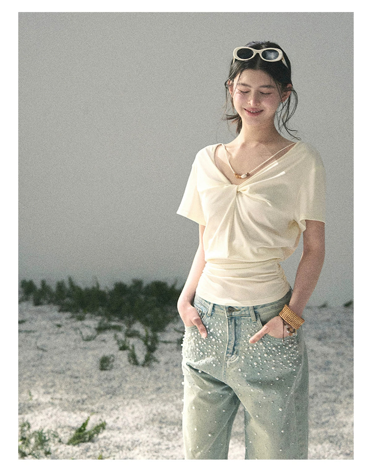 “White Between Breaths” Ivory Twist V-Neck Top