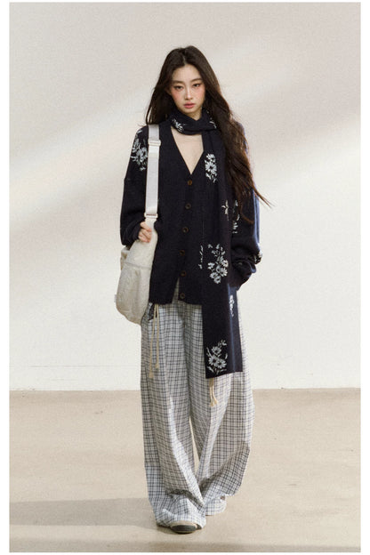 JN's DESIGN - Navy Blue Floral Jacquard V-Neck Cardigan