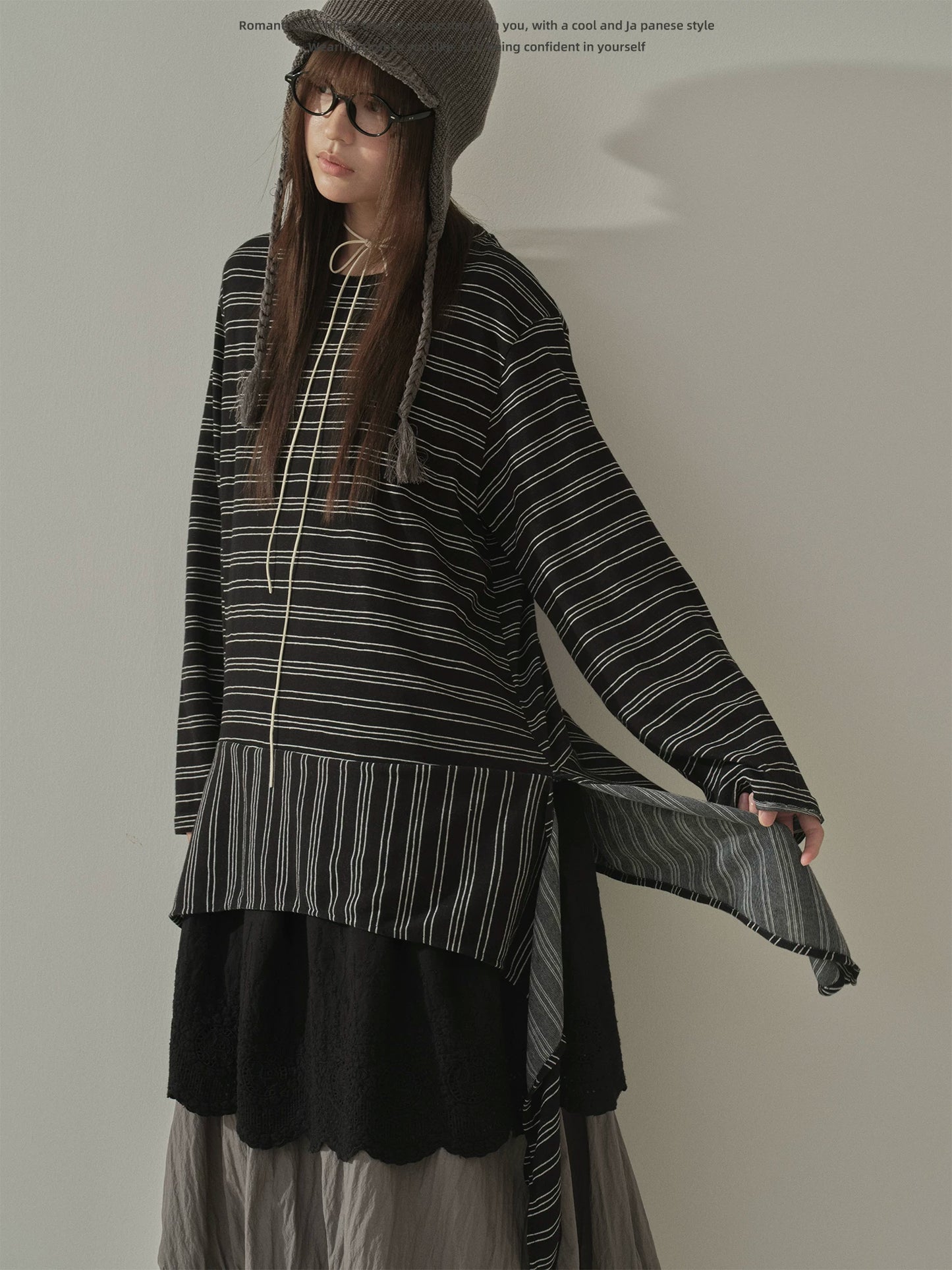 "Vintage Rhythm" Asymmetrical Knit Stripe Long Sleeve T-Shirt (Black / Gray)