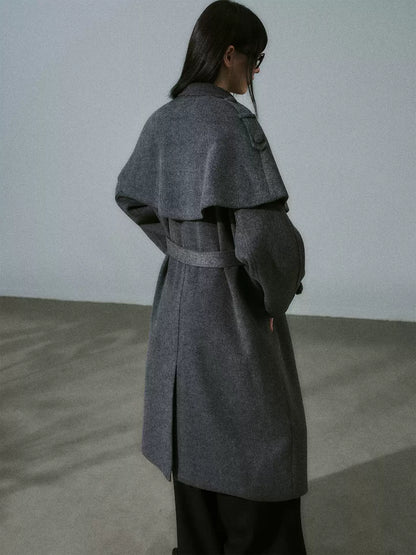 LOST FOREST - Dark Medium Gray Wool-Blend Coat with Detachable Cape & Fringe Flowers