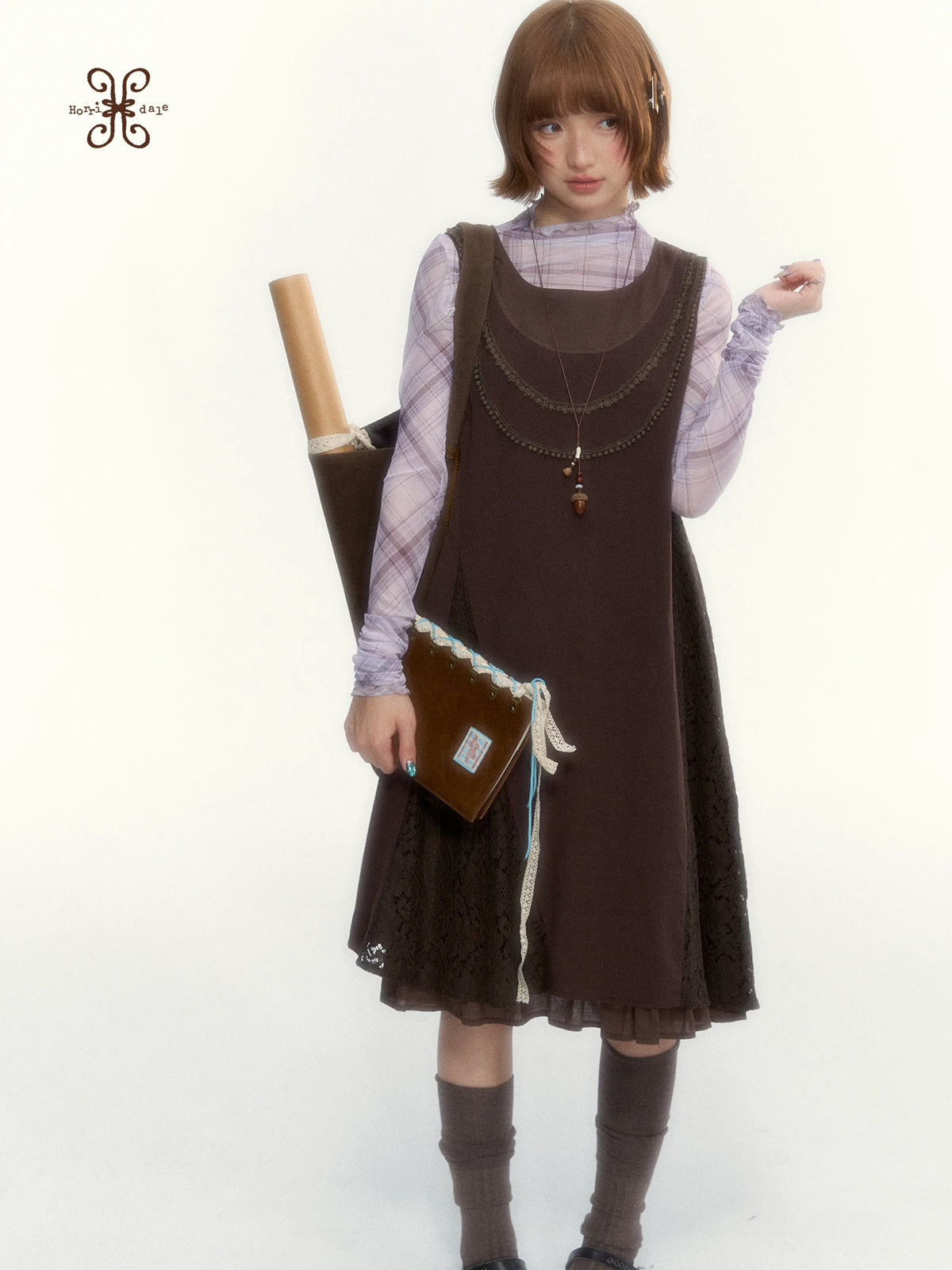 "Caramel Afterglow" Cocoa Brown Lace-Trim A-Line Dress Set with Purple Plaid Layering Top
