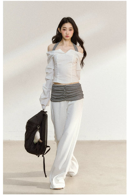 JN's DESIGN - White Wide-Leg Pants with Contrast Striped Waistband