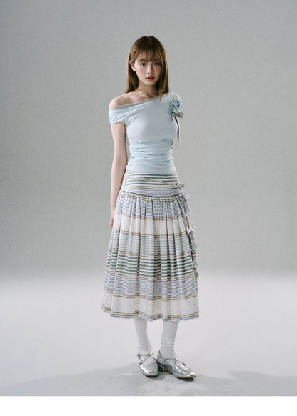 LOST FOREST - Flower Belt Striped Midi Dress (Natural Hemp / Blue Stripe / Orange Stripe)