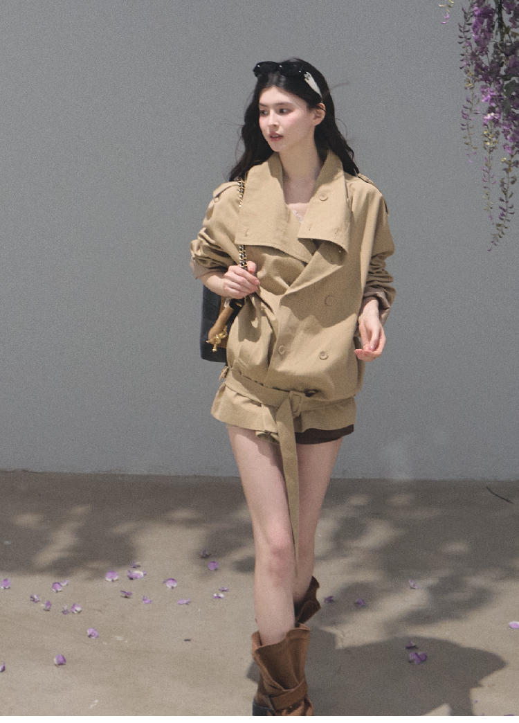OAKMOO/ Belted Double-Breasted Trench Jacket (Deep Black / Hazel Khaki)