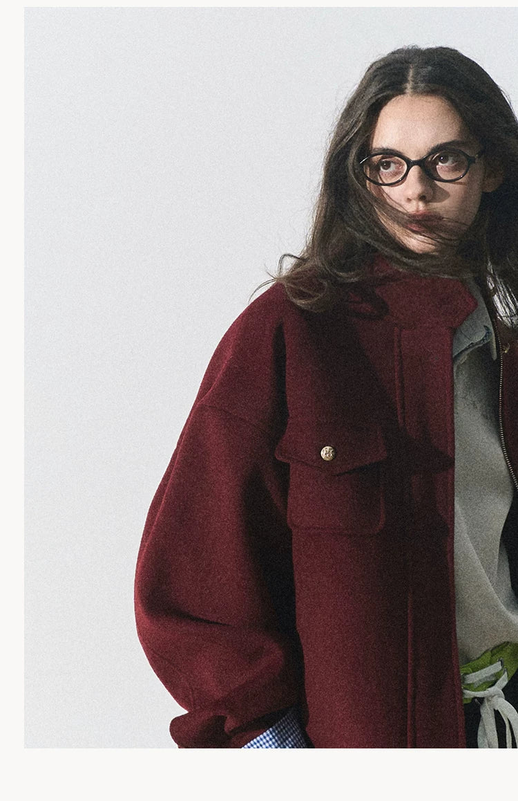 OAKMOO/ "Plum Blossom Mood" Angora Red Wool-Blend Harrington Jacket