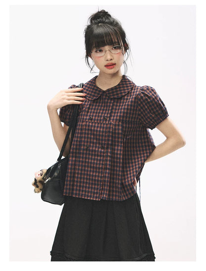 "Retro Plaid Sweetheart" Navy Orange Check Cotton Peter Pan Collar Blouse