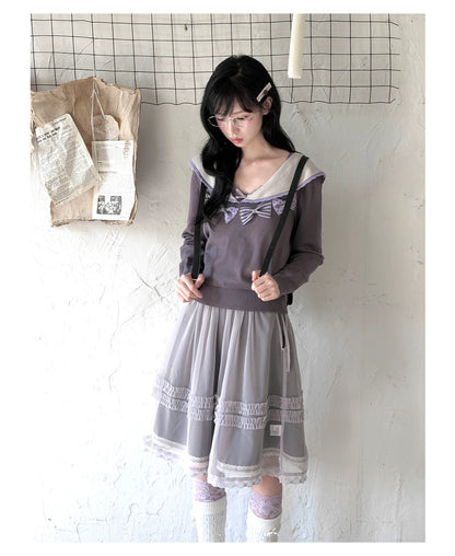 "Sage Whisper" Ethereal Layered Collection (Sailor Knit Sweater / Pleated Midi Skirt / Mesh Overlay Skirt)