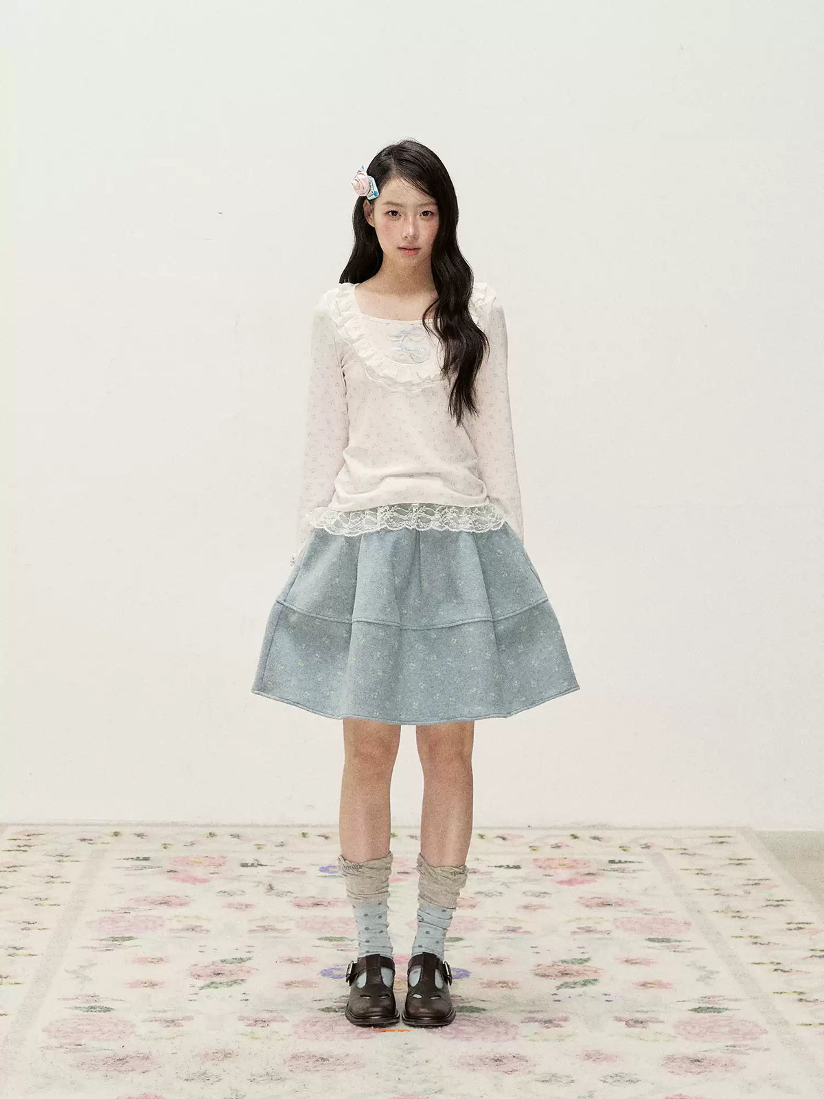 [RF] Frost Mist Blue Floral Jacquard A-Line Midi Skirt with Plaid Waistband