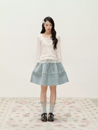 [RF] Frost Mist Blue Floral Jacquard A-Line Midi Skirt with Plaid Waistband