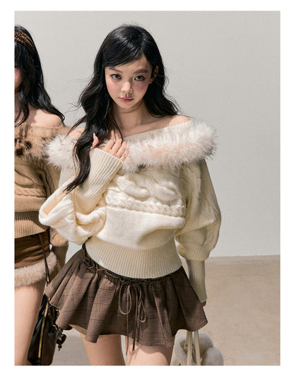 少也眼 “Tea-Scented Dusk” Off-Shoulder Mohair Sweater with Detachable Fur Trim 168459846