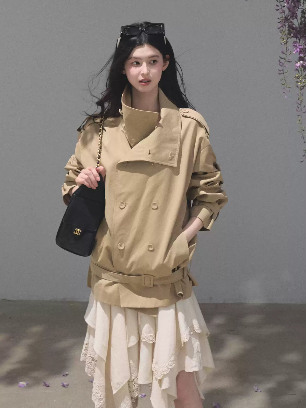 OAKMOO/ Belted Double-Breasted Trench Jacket (Deep Black / Hazel Khaki)