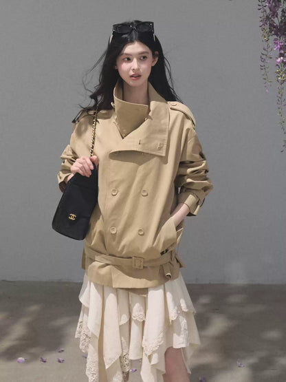 OAKMOO/ Belted Double-Breasted Trench Jacket (Deep Black / Hazel Khaki)