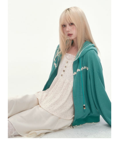 [CAN] Green Lace-Trim Waffle Knit Zip-Up Hoodie