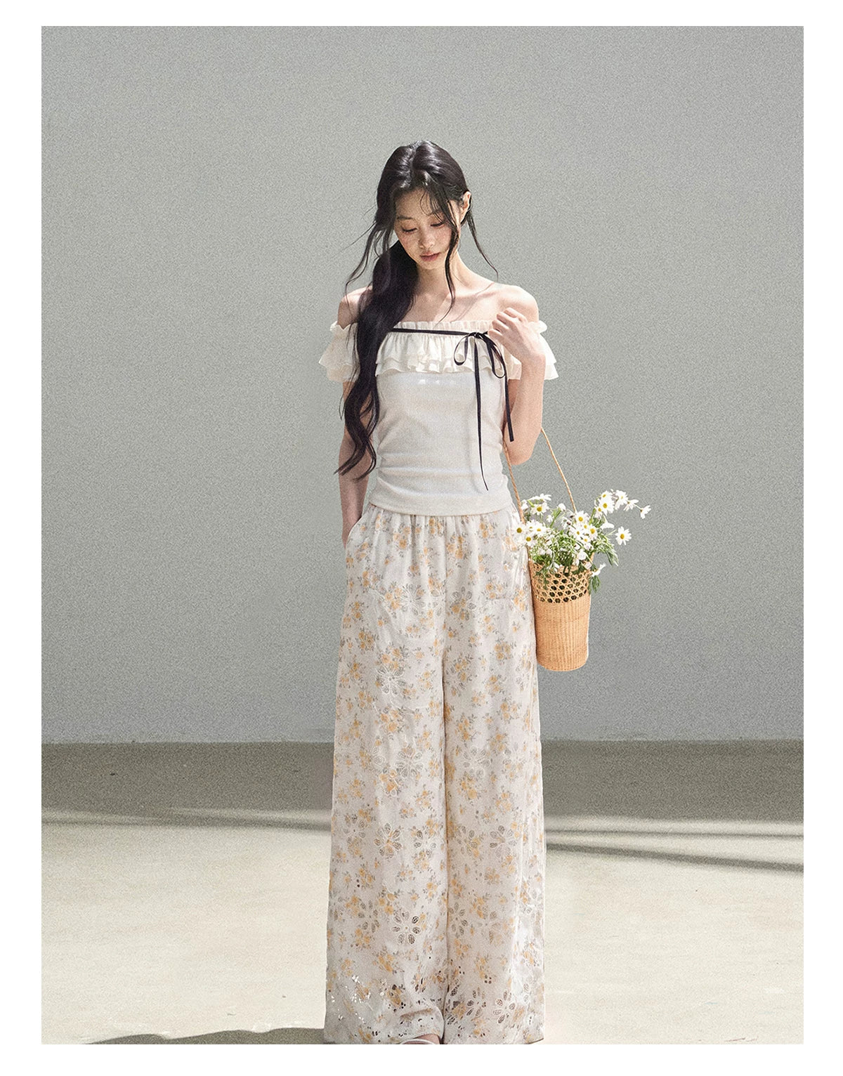 AOMALM - "A Cloud in Bloom" Primrose Yellow Floral Embroidered Lace Wide-Leg Pants