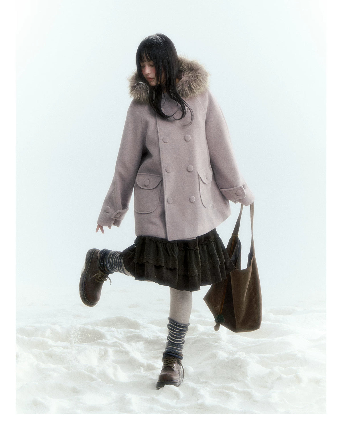 Japanese Hooded Double-Breasted Wool Coat (Deep Charcoal Gray / Taro Purple)