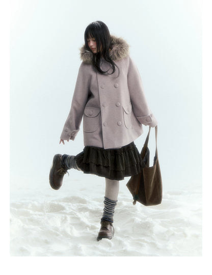Japanese Hooded Double-Breasted Wool Coat (Deep Charcoal Gray / Taro Purple)