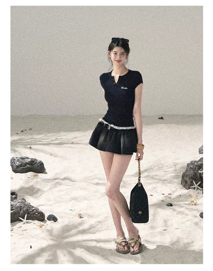 "Shimmer Across the Sea" Denim Bubble Skort (Rock Black/ Vintage Blue)