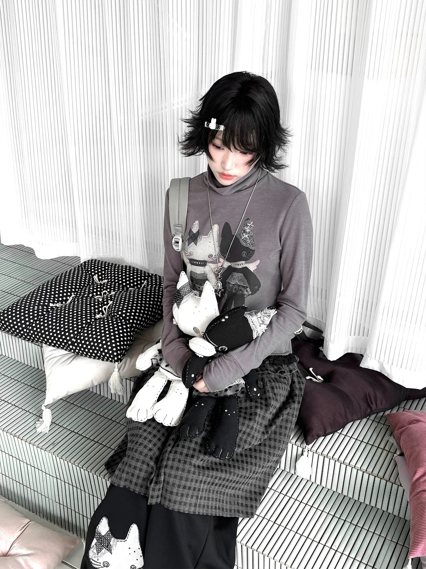 "Forgotten Corner" Mock Neck Gray Base Layer Top & Black Gray Plaid Skirt Set