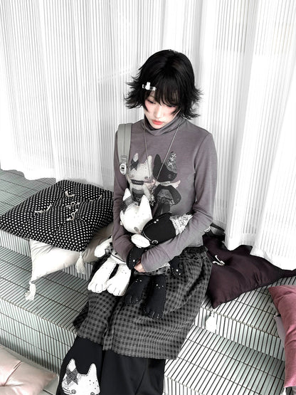 "Forgotten Corner" Mock Neck Gray Base Layer Top & Black Gray Plaid Skirt Set