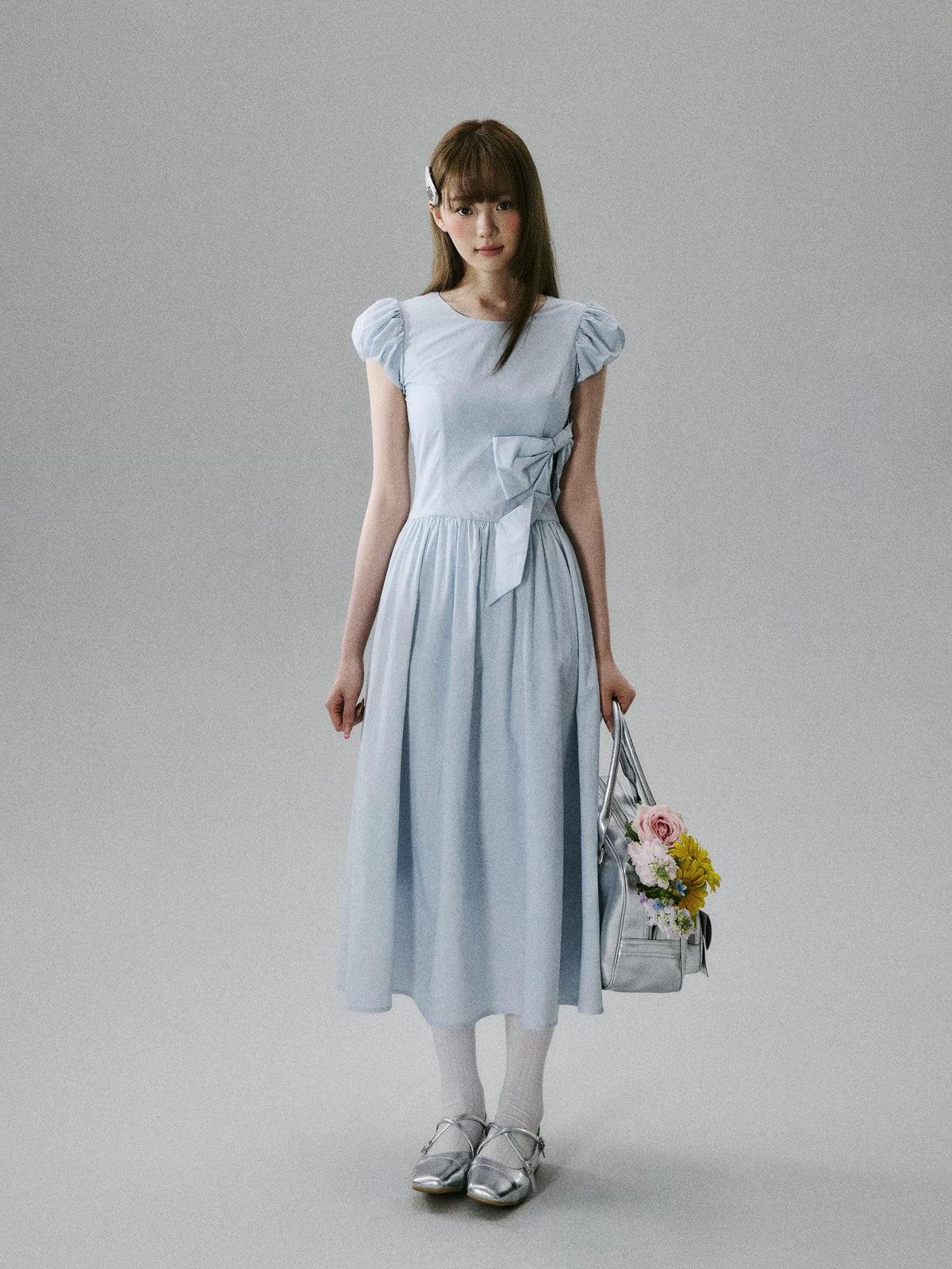 LOST FOREST - Blue Lyocell-Cotton Bow Dress