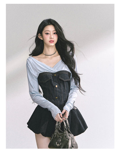 少也眼 "Northern Isle" V-Neck Denim Knit Crop Tee 4167864